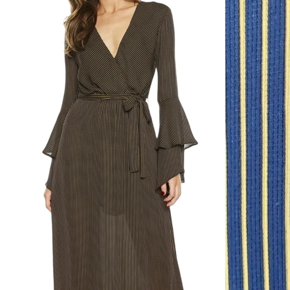 Bardot | Dresses | Bardot Surplice Neck Voluminous Long Sleeve Maxi Dress  Gold Navy Stripe 8 Medium | Poshmark